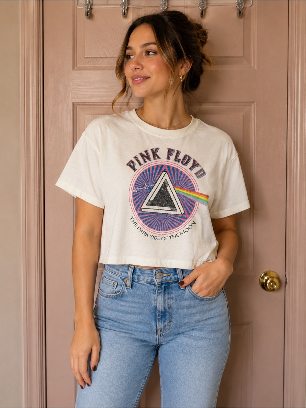 Pink Floyd White Graphic Crop Tee with Rainbow Accent